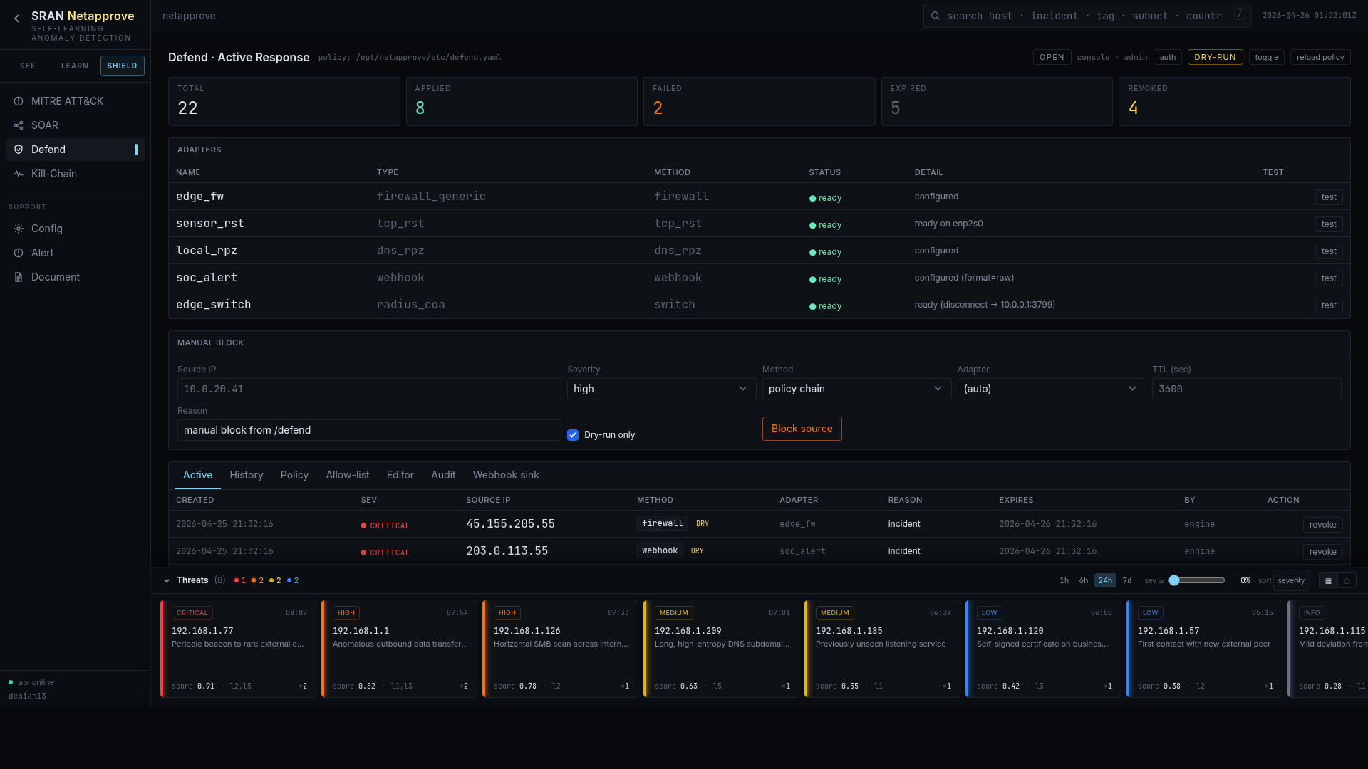 Active Response page listing five response adapters with health status and policy actions